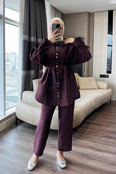 Kolu Bağlamalı Kuş Gözlü Takım Bordo