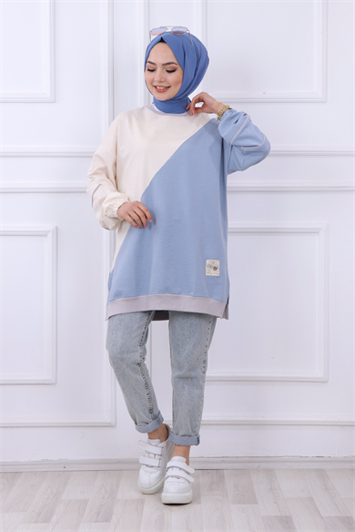 Kolu Çizgi Detaylı Sweat Mavi-Krem