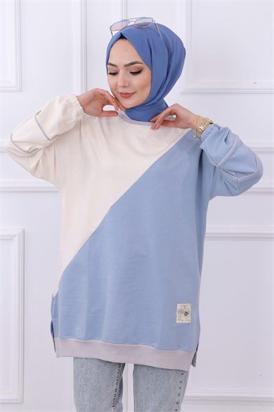 Kolu Çizgi Detaylı Sweat Mavi-Krem