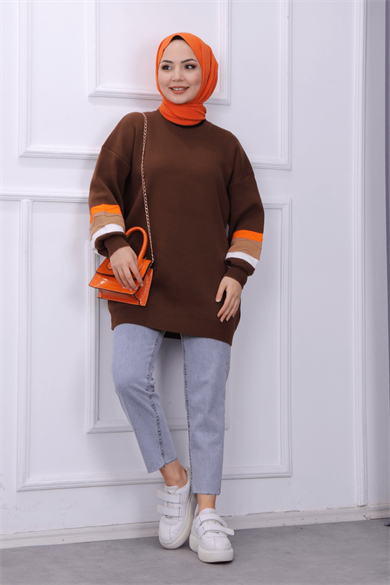 Kolu Dalga Desen Tunik Kahverengi
