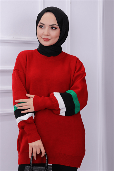 Kolu Dalga Desen Tunik Kırmızı