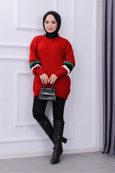 Kolu Dalga Desen Tunik Kırmızı