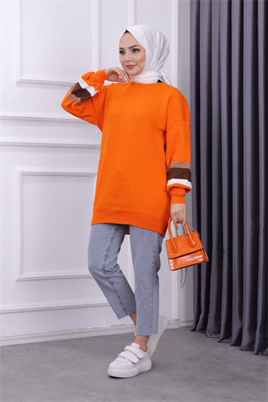 Kolu Dalga Desen Tunik Turuncu