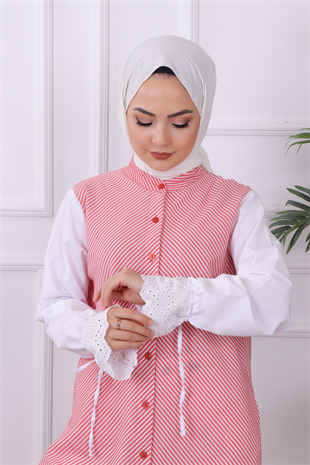 Kolu Dantel Detaylı Çizgili Tunik Kırmızı
