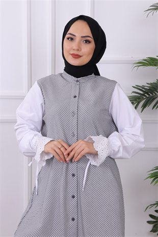 Kolu Dantel Detaylı Çizgili Tunik Siyah