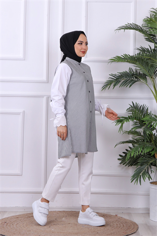 Kolu Dantel Detaylı Çizgili Tunik Siyah