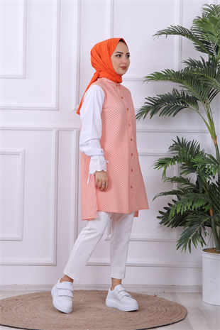 Kolu Dantel Detaylı Çizgili Tunik Turuncu