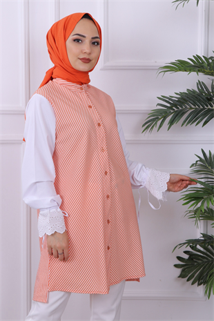 Kolu Dantel Detaylı Çizgili Tunik Turuncu
