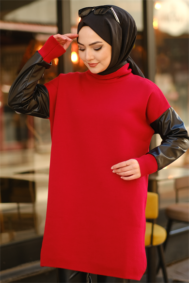Kolu Deri Detaylı Tunik Bordo