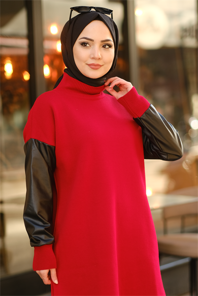 Kolu Deri Detaylı Tunik Bordo