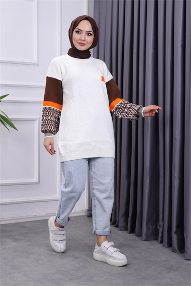 Kolu Desenli Triko Tunik Beyaz