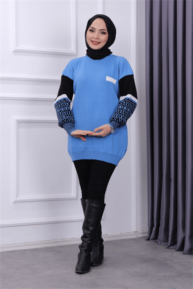 Kolu Desenli Triko Tunik Mavi