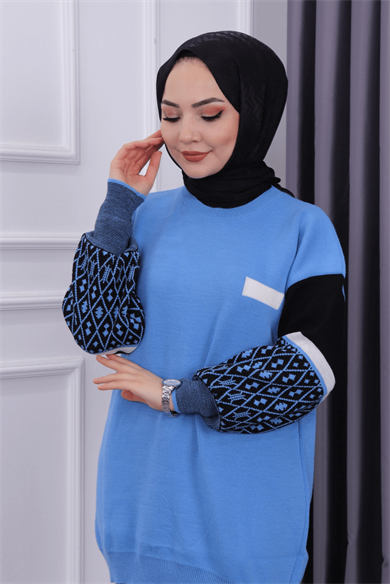 Kolu Desenli Triko Tunik Mavi