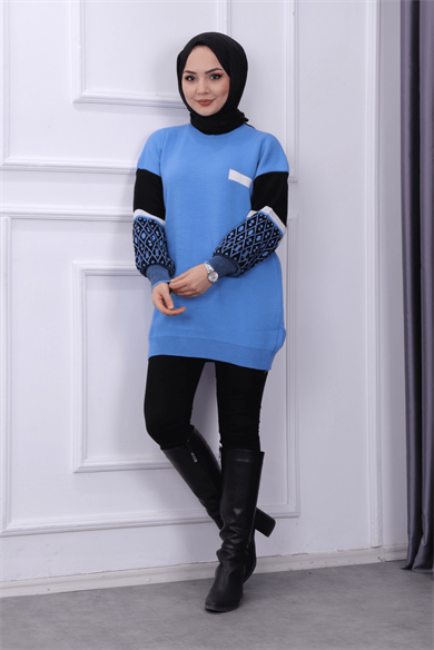 Kolu Desenli Triko Tunik Mavi
