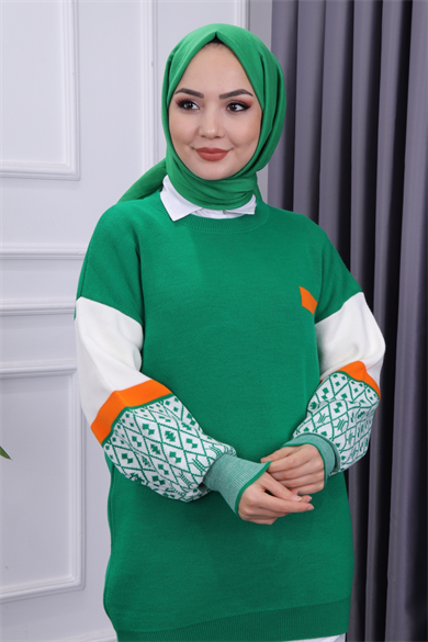 Kolu Desenli Triko Tunik Yeşil