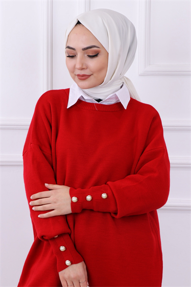 Kolu Düğme Detaylı Triko Tunik Kırmızı
