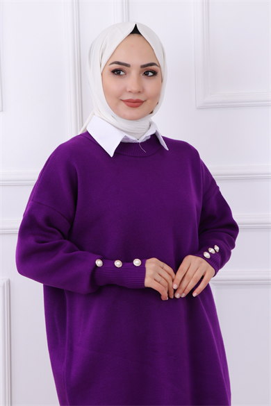Kolu Düğme Detaylı Triko Tunik Mor