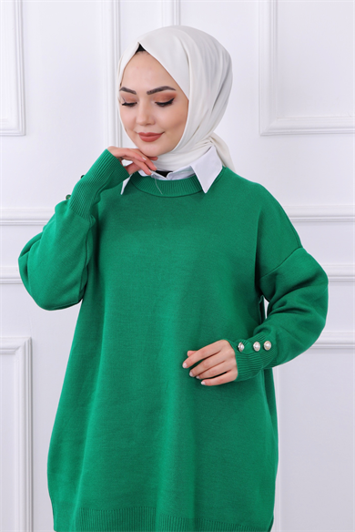 Kolu Düğme Detaylı Triko Tunik Yeşil