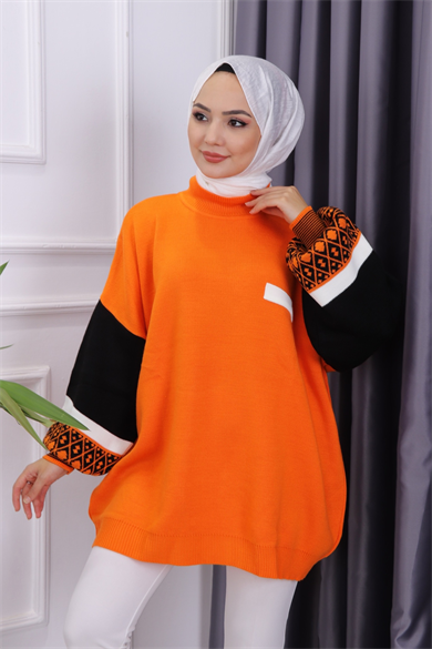 Kolu Etnik Desen Triko Tunik Turuncu