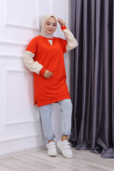 Kolu Fermuarlı Sweat Turuncu