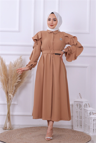 Kolu Fırfır Detay Elbise Camel