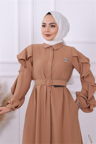Kolu Fırfır Detay Elbise Camel