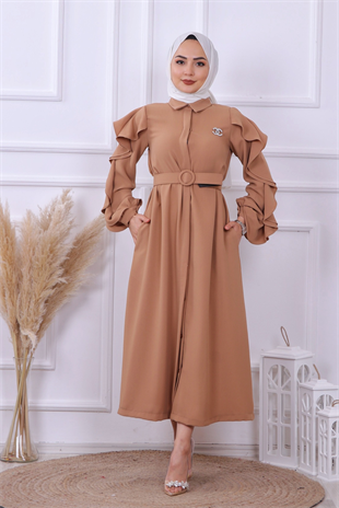 Kolu Fırfır Detay Elbise Camel
