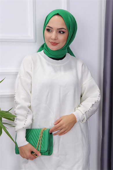 Kolu İncili Triko Tunik Beyaz 