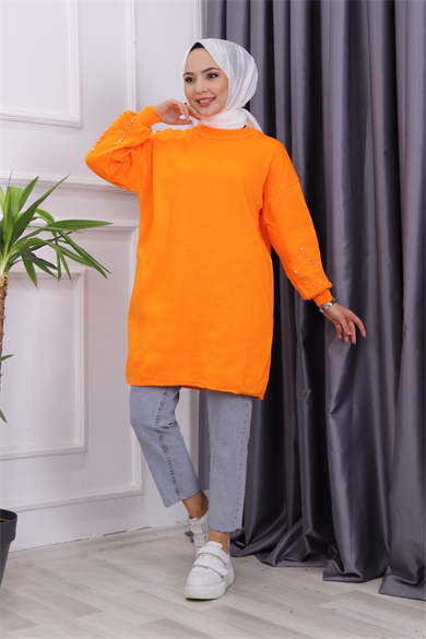 Kolu İncili Triko Tunik Turuncu