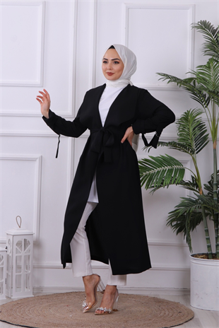 Kolu Katlamalı Trenç Siyah