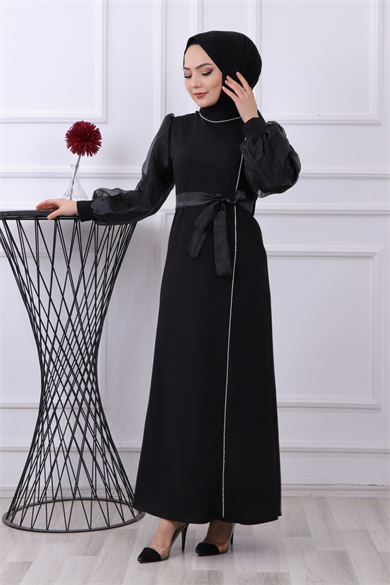 Kolu Organze Elbise Siyah