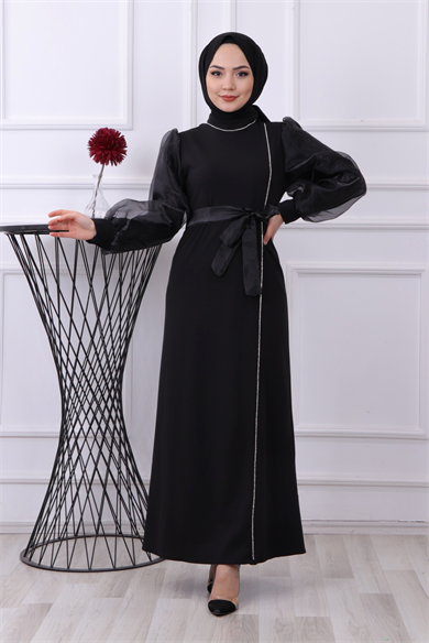 Kolu Organze Elbise Siyah