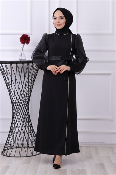 Kolu Organze Elbise Siyah