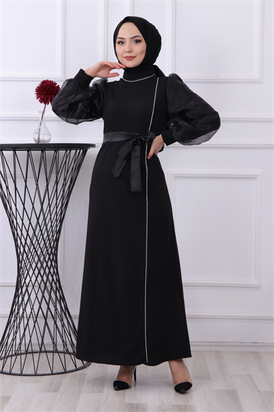 Kolu Organze Elbise Siyah