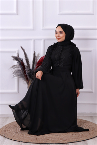 Kolu Pliseli Dantel Detaylı Elbise Siyah