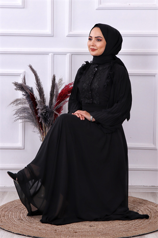 Kolu Pliseli Dantel Detaylı Elbise Siyah