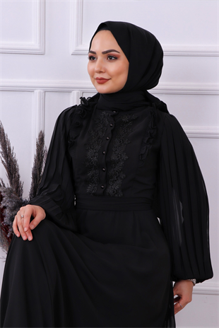 Kolu Pliseli Dantel Detaylı Elbise Siyah