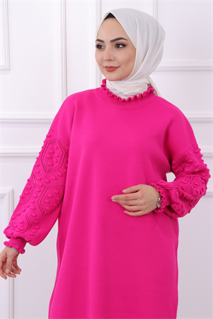 Kolu Ponponlu Tunik Fuşya