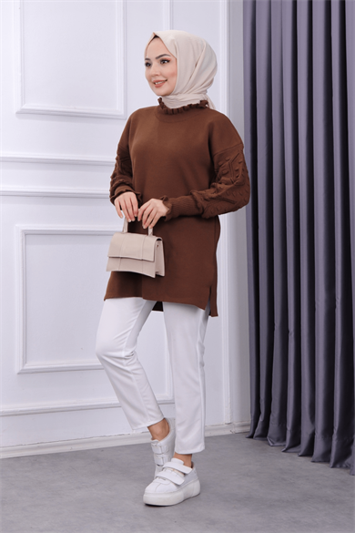 Kolu Ponponlu Tunik Kahverengi