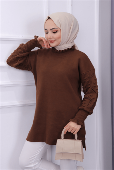 Kolu Ponponlu Tunik Kahverengi