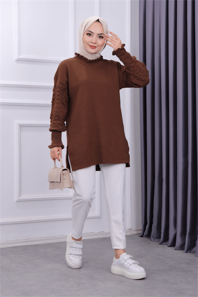Kolu Ponponlu Tunik Kahverengi