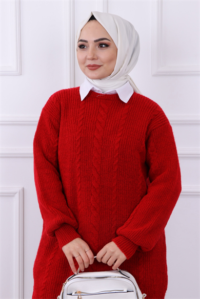 Kolu Saç Örgülü Tunik Kırmızı