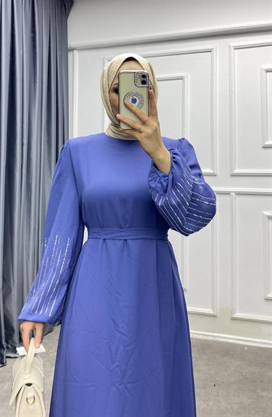 Kolu Taşlı Elbise Mavi