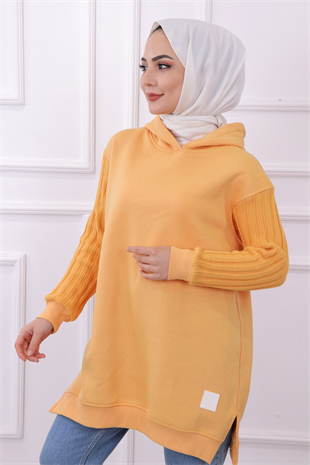Kolu Triko Detaylı Üç İplik Kumaş Tunik Sarı