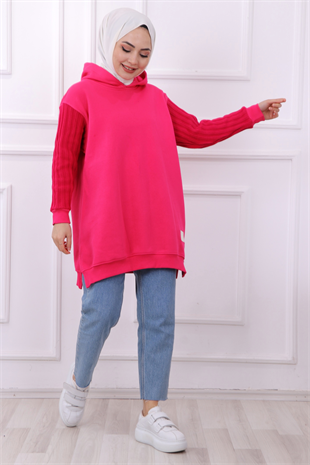 Kolu Triko Detaylı Üç İplik Kumaş Tunik Pembe