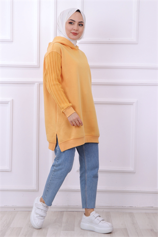 Kolu Triko Detaylı Üç İplik Kumaş Tunik Sarı