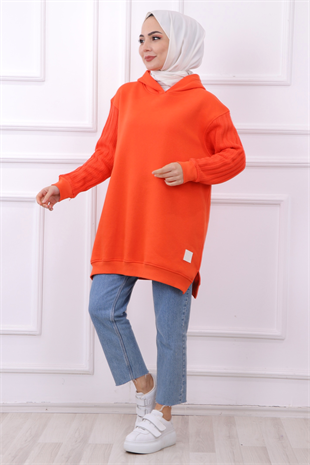 Kolu Triko Detaylı Üç İplik Kumaş Tunik Turuncu