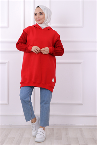 Kolu Triko Detaylı Üç İplik Kumaş Tunik Kırmızı