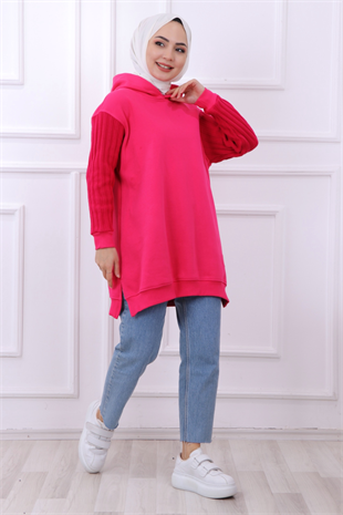Kolu Triko Detaylı Üç İplik Kumaş Tunik Pembe