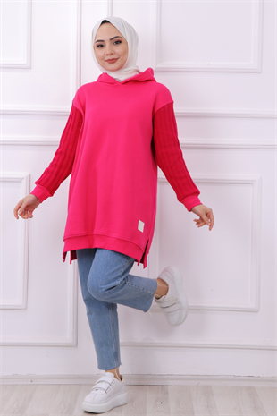 Kolu Triko Detaylı Üç İplik Kumaş Tunik Pembe